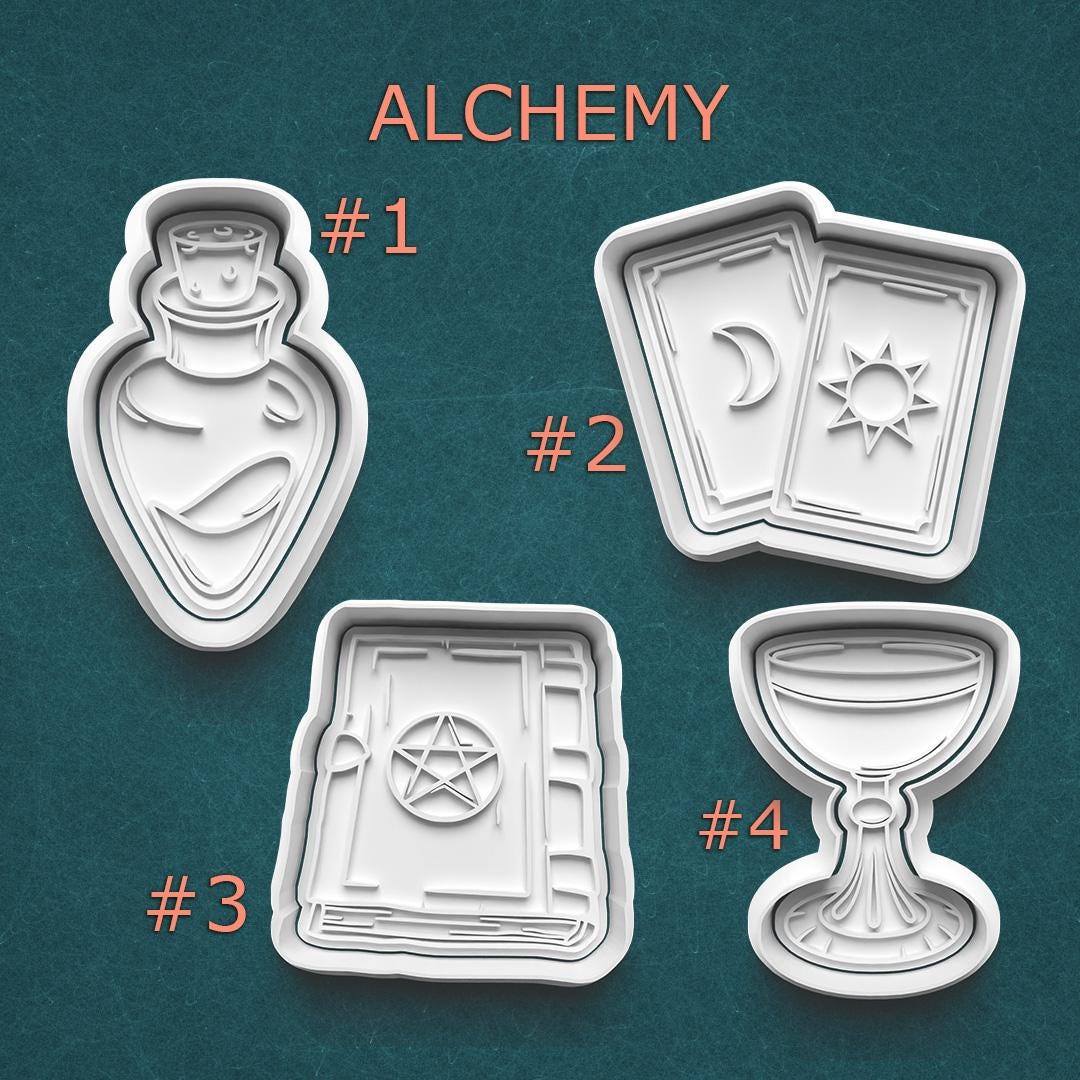 Alchemy Cookie Cutter Set ~ Potion Bottle ~ Tarot Cards ~ Spellbook ~ Chalice Polymer Clay Stamp