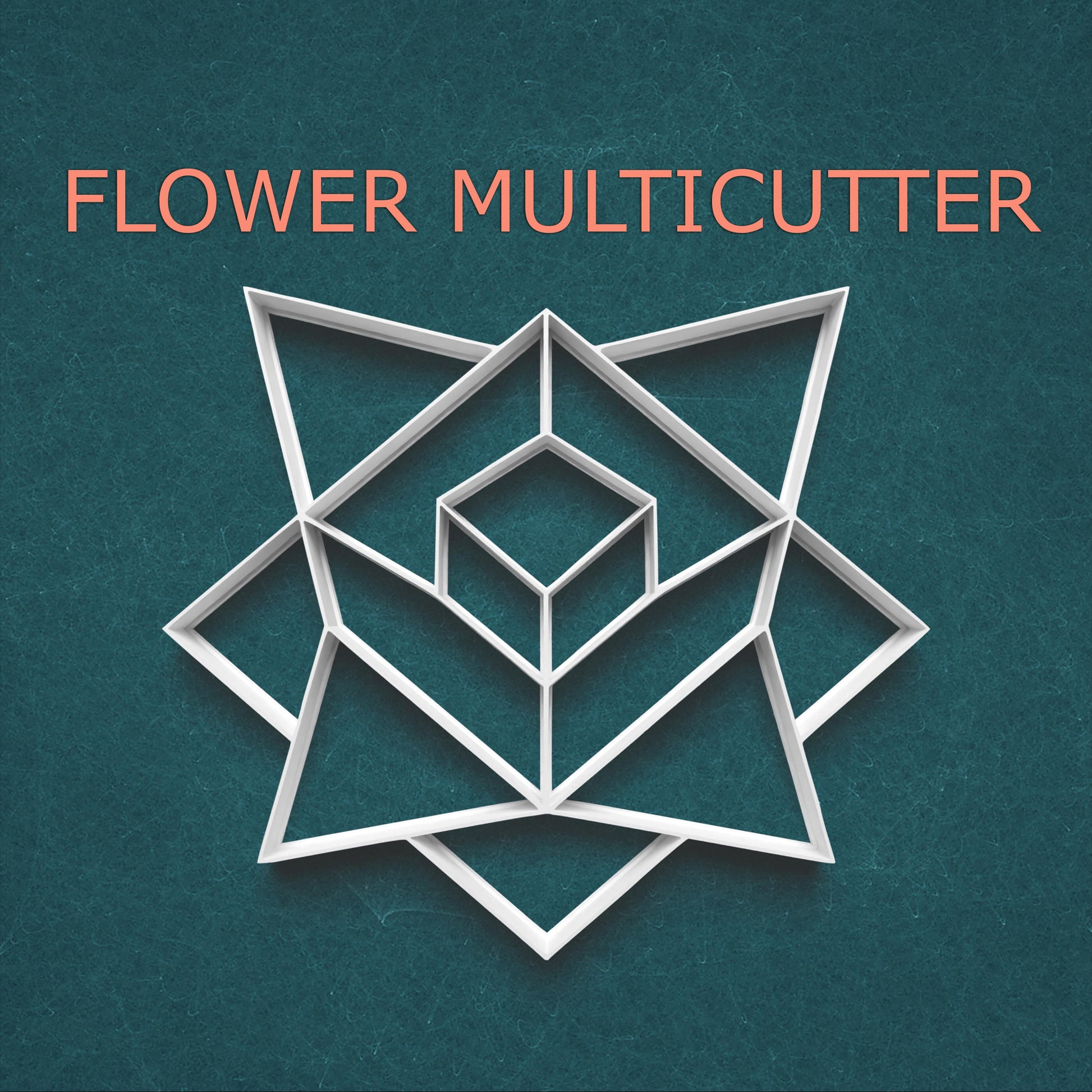Geometric flower multicutter design on a teal background with 'FLOWER MULTICUTTER' text.