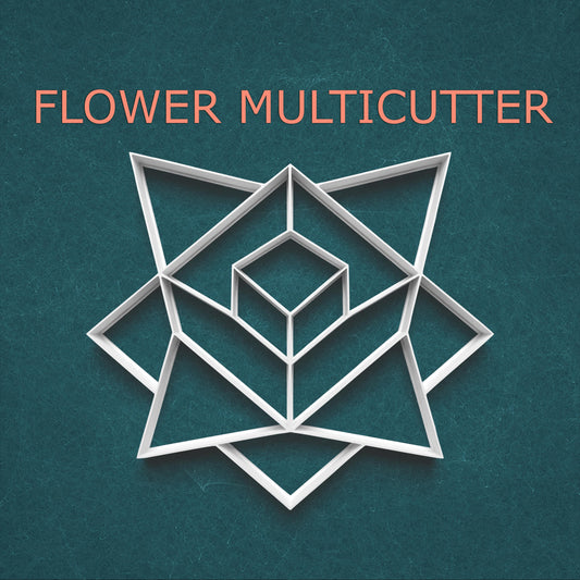 Geometric flower multicutter design on a teal background with 'FLOWER MULTICUTTER' text.