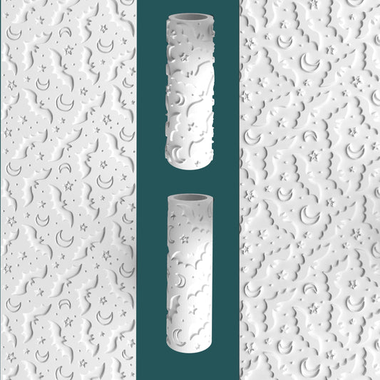 Two white textured vases on a patterned background