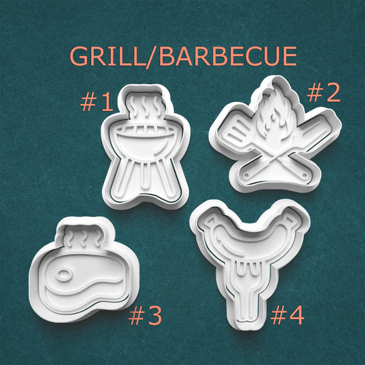 Four grill/barbecue-themed cookie cutters on a teal background