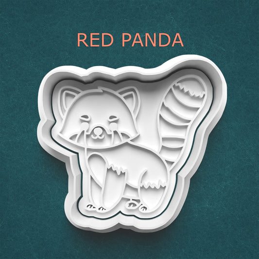 Red panda-shaped cookie cutter on a teal background with 'RED PANDA' text above.