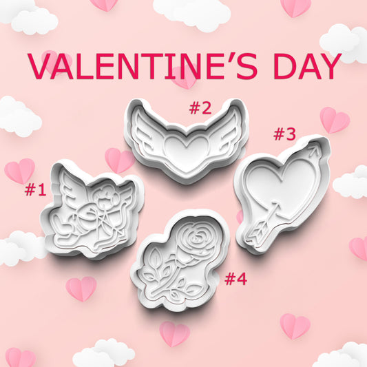 Set of Valentine's Day-themed cookie cutters on a pink background with hearts and clouds.