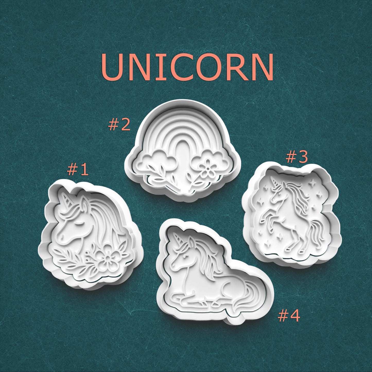 Unicorn Cookie Cutter and Stamp Set ~ Unicorns ~ Rainbows ~ Stars ~ 4 Whimsical Designs