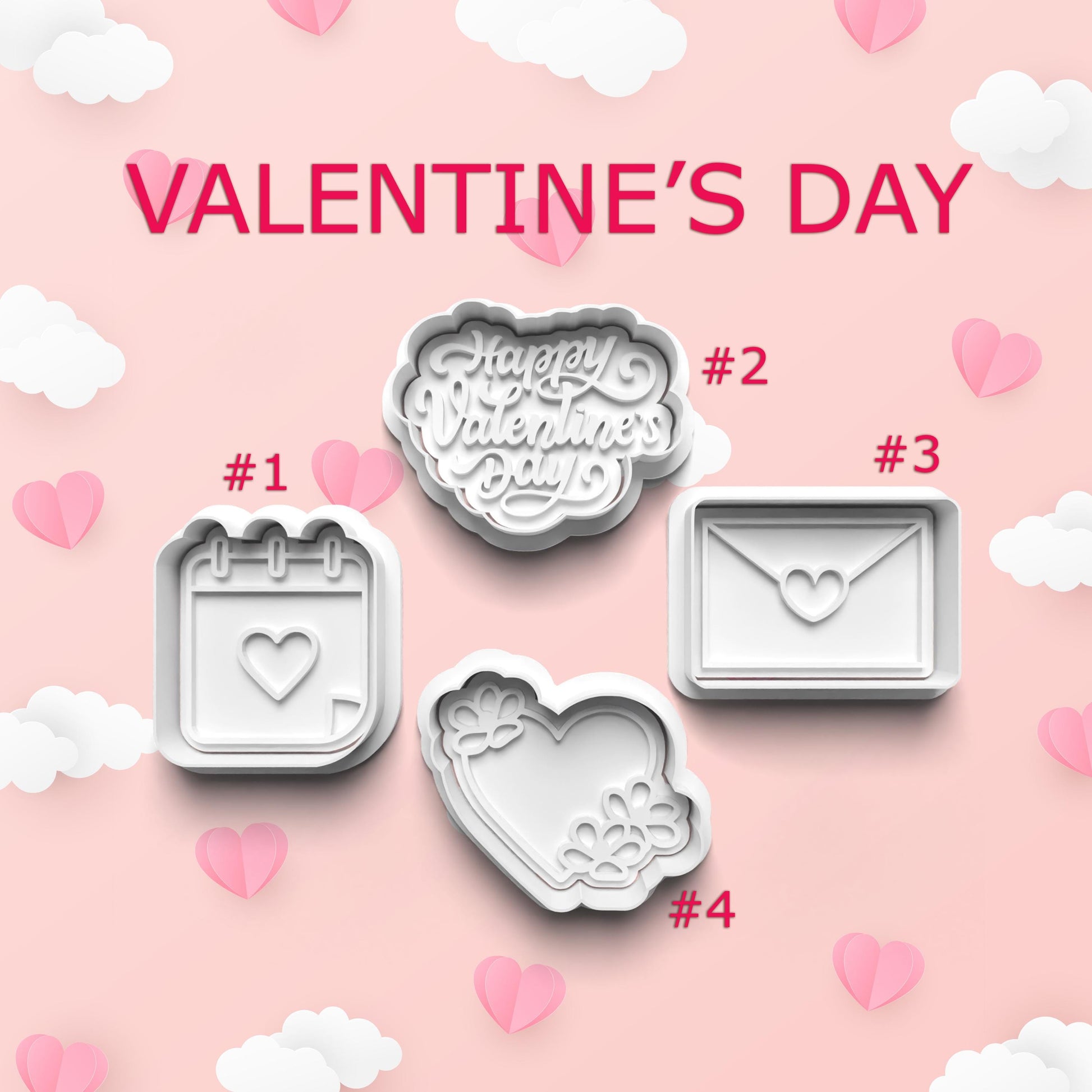 Valentine's Day cookie cutters on a pink background with hearts and clouds