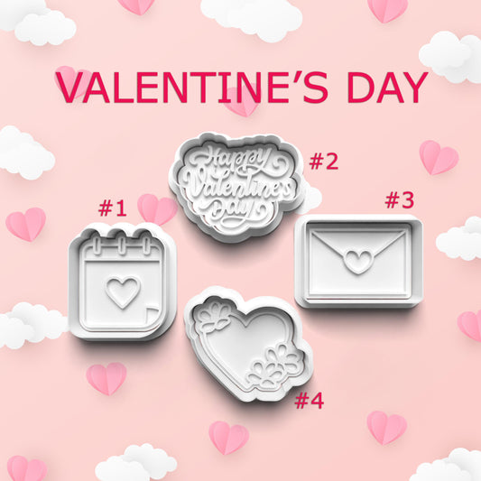 Valentine's Day cookie cutters on a pink background with hearts and clouds