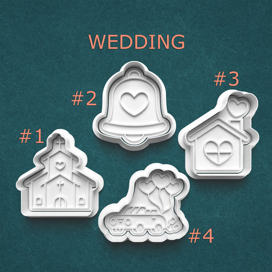 Set of four wedding-themed cookie cutters on a teal background