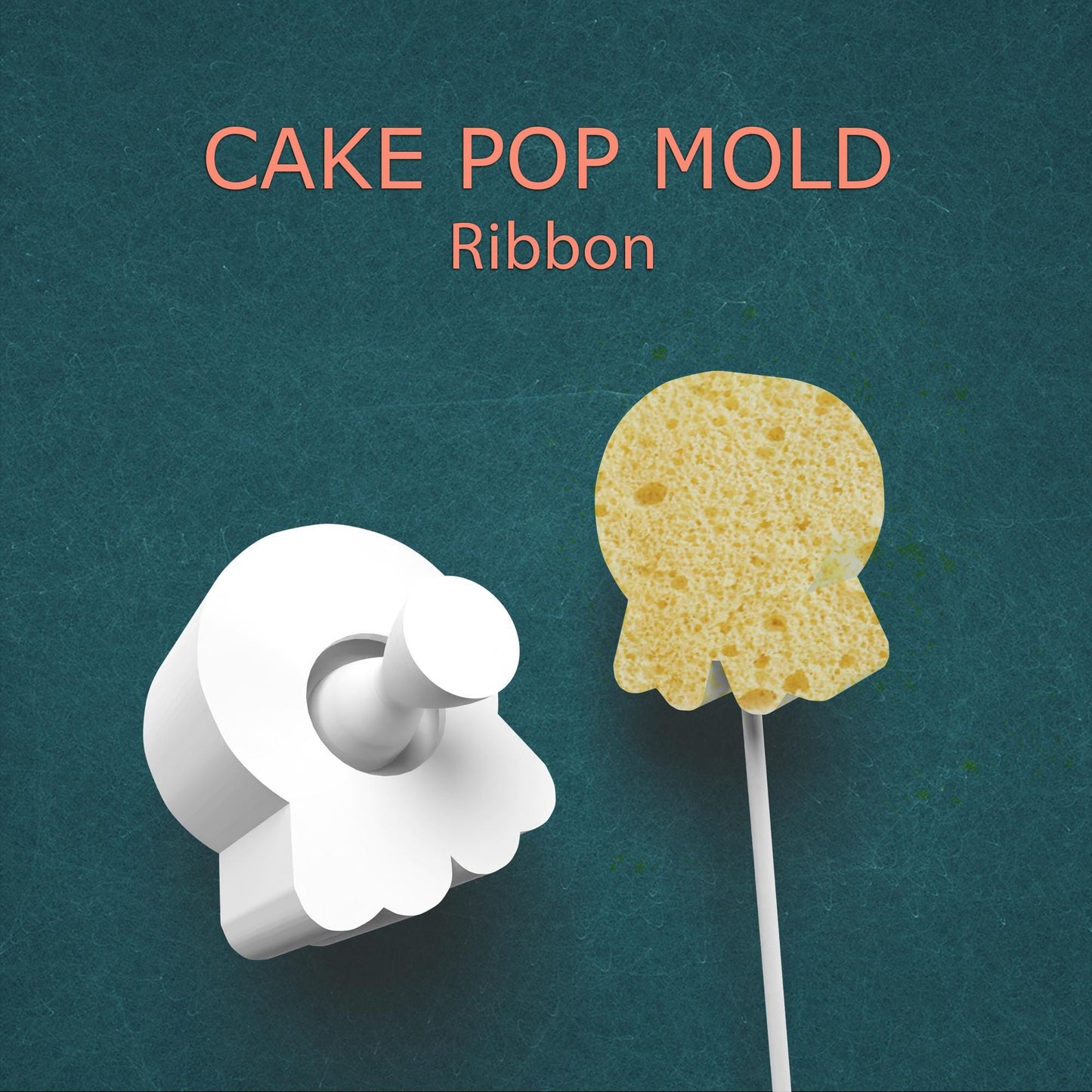 Cake pop mold with a ribbon-shaped cake pop on a teal background