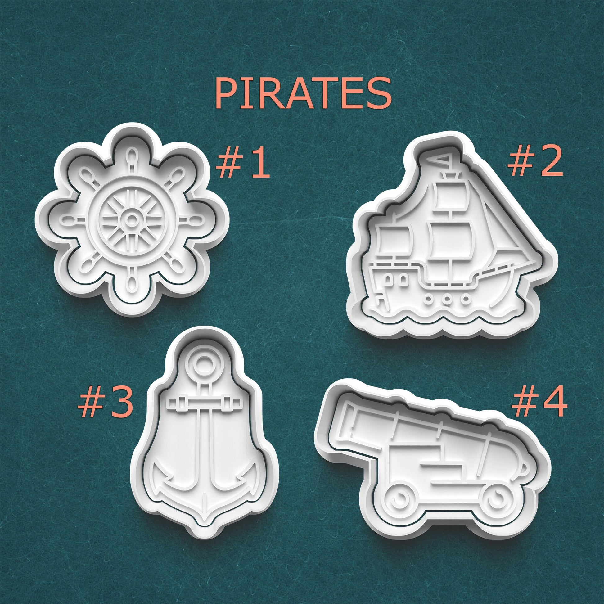 Four pirate-themed cookie cutters on a teal background