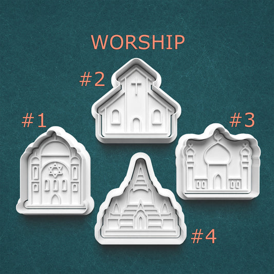 Four cookie cutters shaped like religious buildings on a teal background with 'WORSHIP' text.