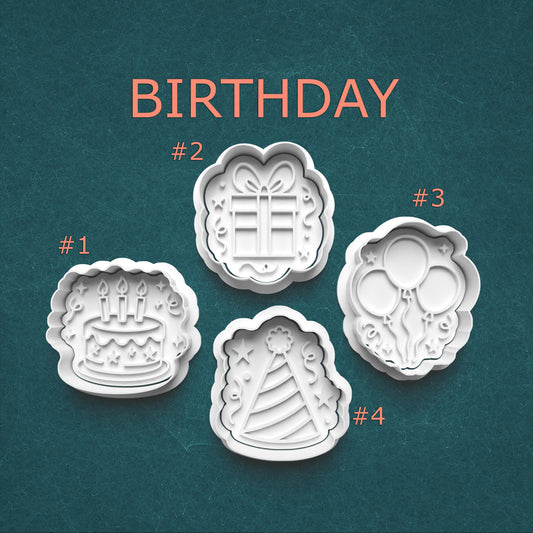 Birthday Celebration Cookie Cutter & Stamp Set – 4 Party Icons
