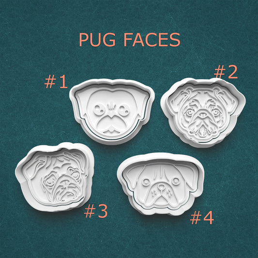 Four pug face molds on a teal background with 'Pug Faces' text above.