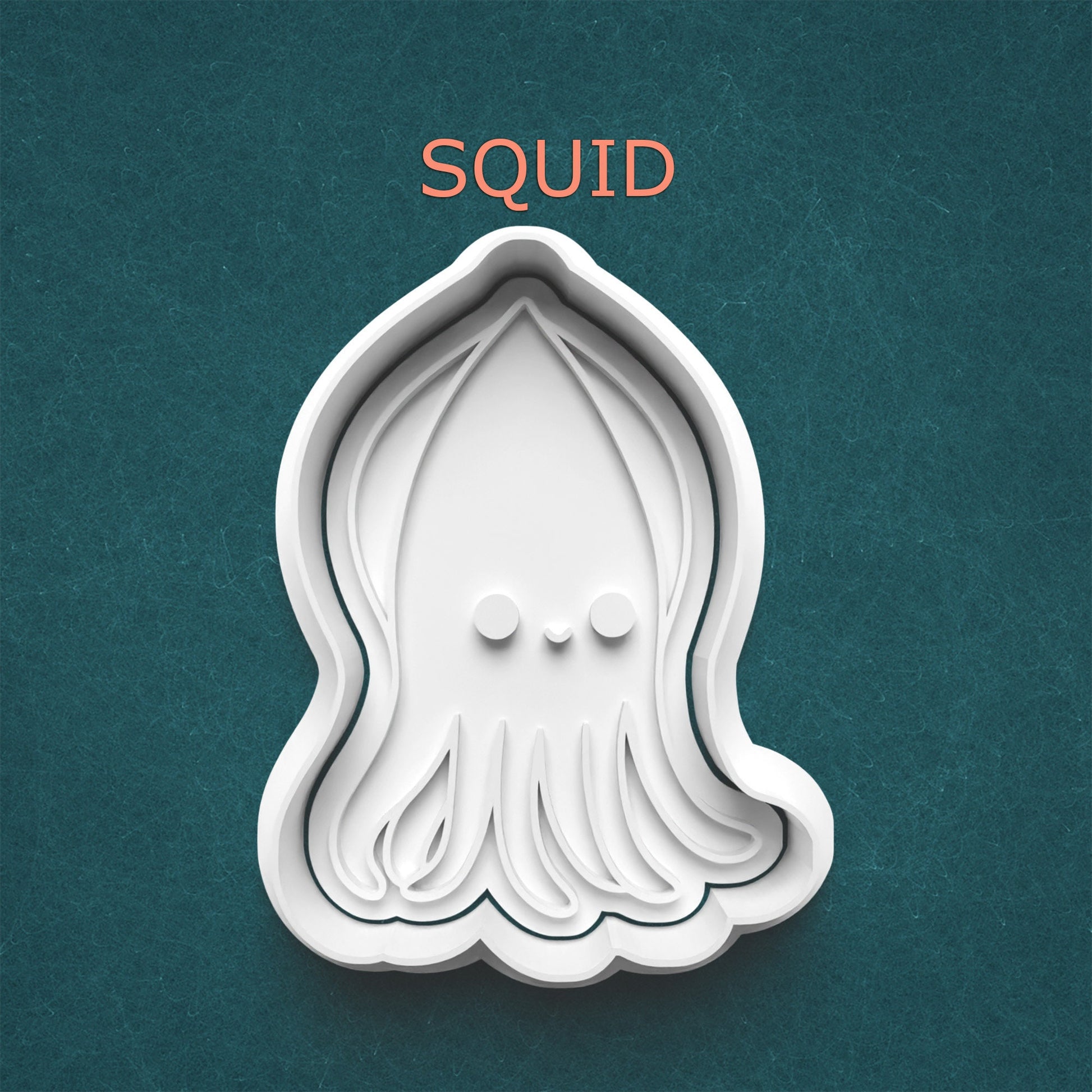 Squid-shaped cookie cutter on a teal background with 'SQUID' text above.