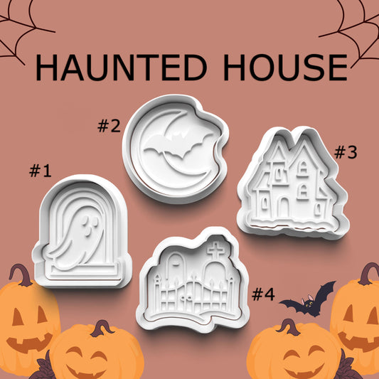 Set of Halloween-themed cookie cutters with pumpkins and bats on a brown background.