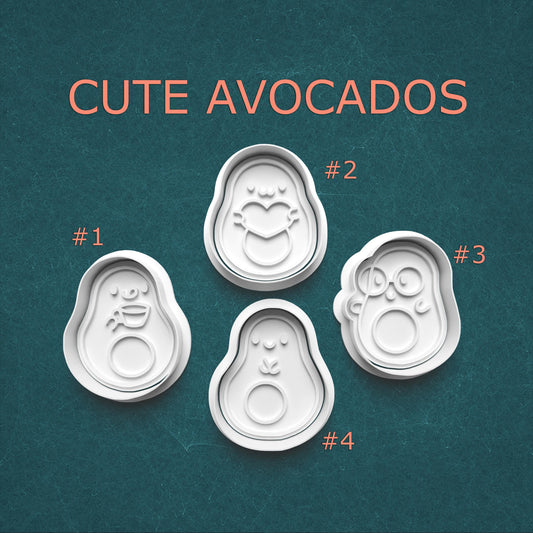 Four avocado-shaped cookie cutters with faces on a teal background, labeled '#1' to '#4'.