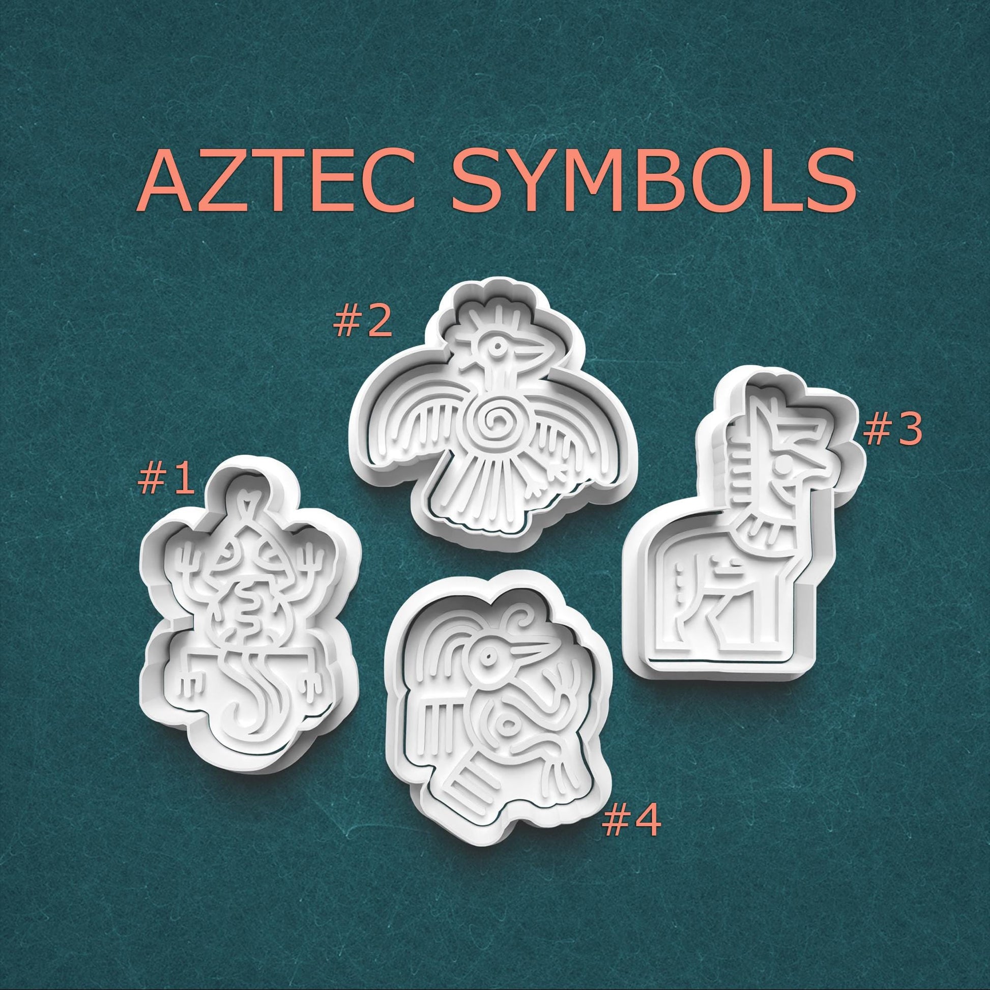 Four Aztec symbol cookie cutters on a teal background with 'Aztec Symbols' text.