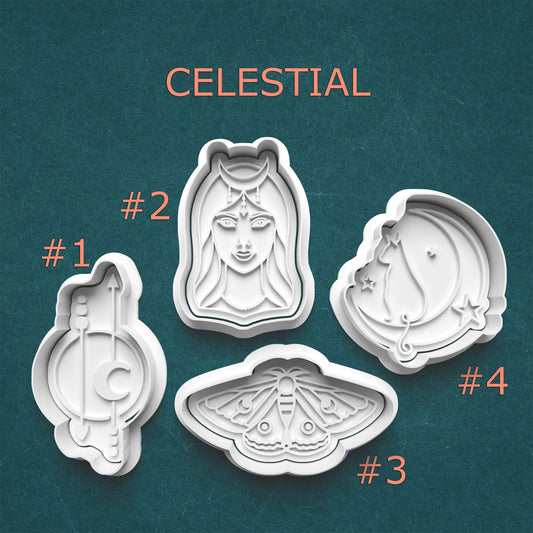 Set of celestial-themed cookie cutters on a teal background with 'Celestial' text above.