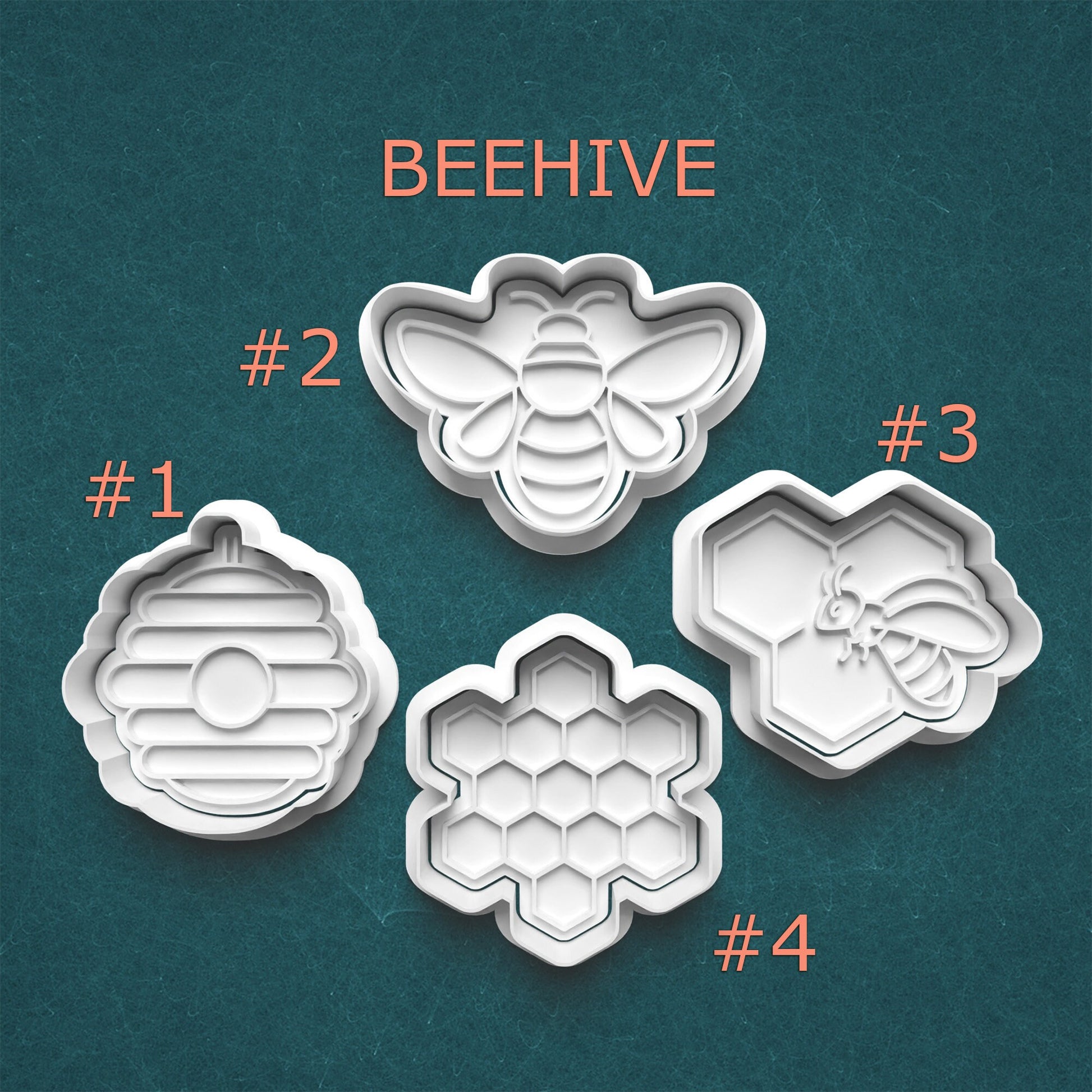 Set of four bee-themed cookie cutters labeled #1 to #4 on a teal background.