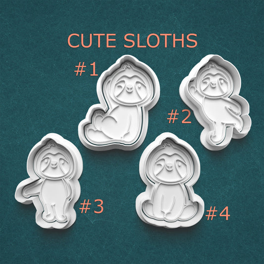 Four sloth-shaped cookie cutters with numbers on a teal background