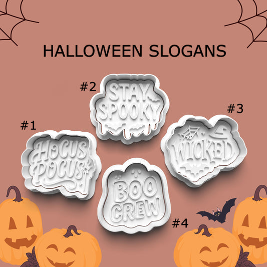 Set of Halloween-themed cookie cutters with slogans on a brown background with pumpkins and bats.