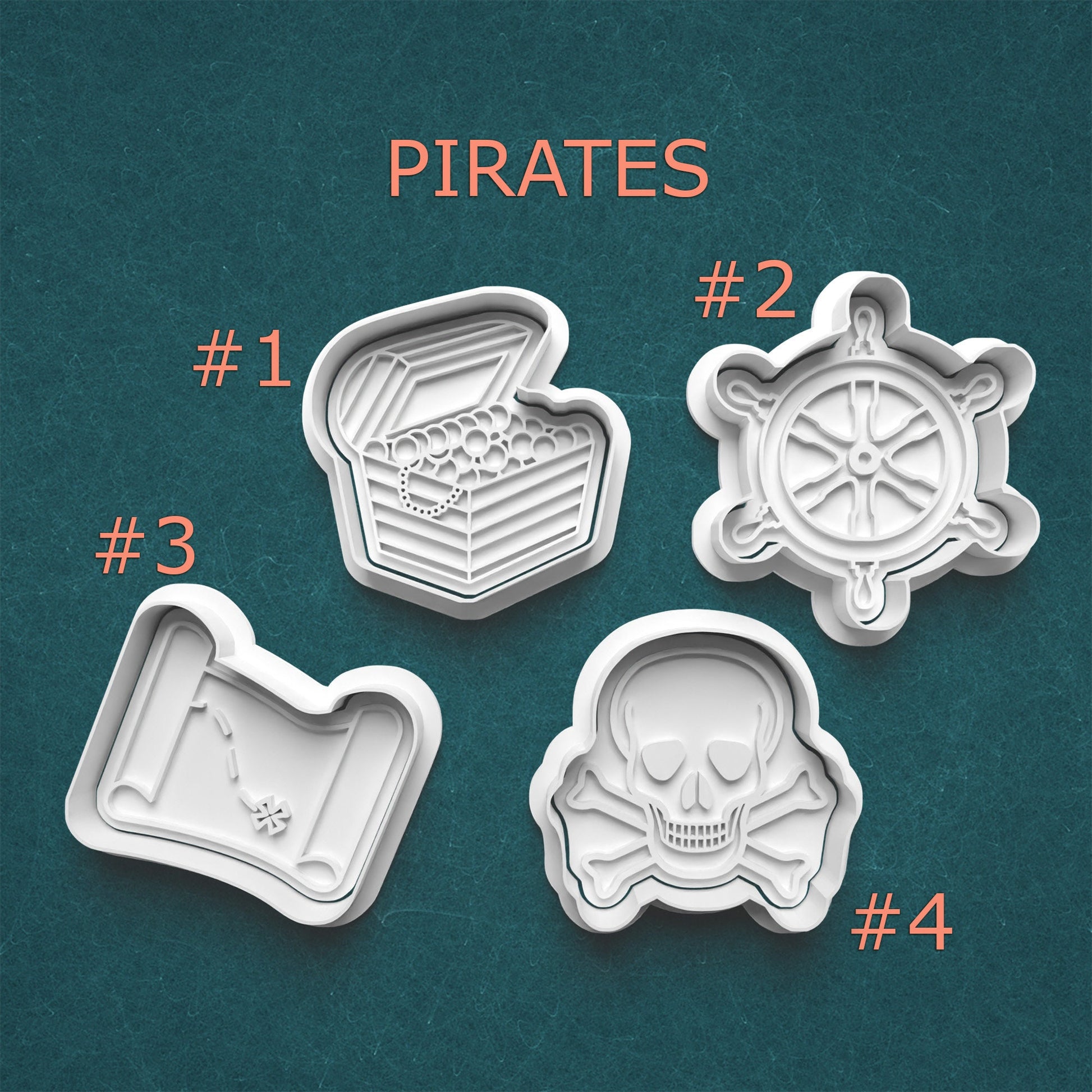Four pirate-themed cookie cutters on a teal background with 'PIRATES' text.