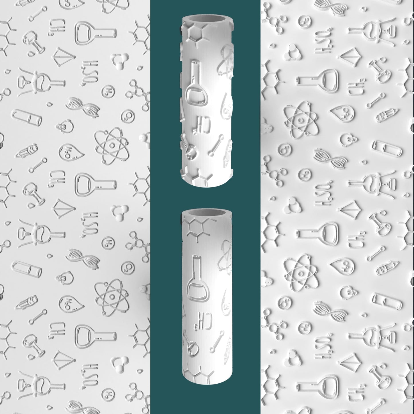 Two cylindrical objects with embossed patterns on a background with scientific icons.