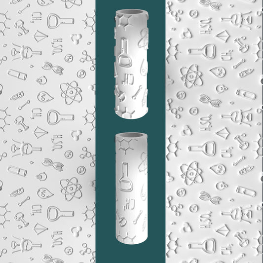 Two cylindrical objects with embossed patterns on a background with scientific icons.
