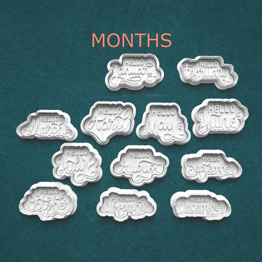 Months Cookie Cutter Set ~ 12 Piece Hello Months Collection ~ Seasonal Polymer Clay Stamp