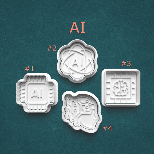 Four cookie cutters with 'AI' design on a teal background