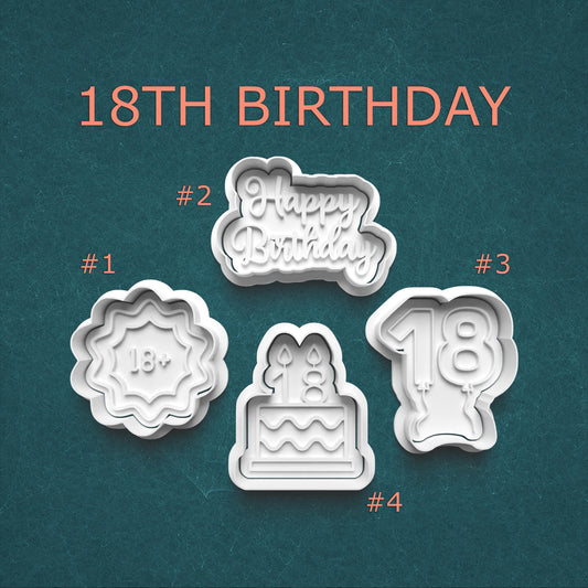 Set of four 18th birthday-themed cookie cutters on a teal background