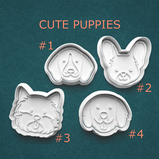 Four dog-shaped cookie cutters on a teal background with 'Cute Puppies' text.