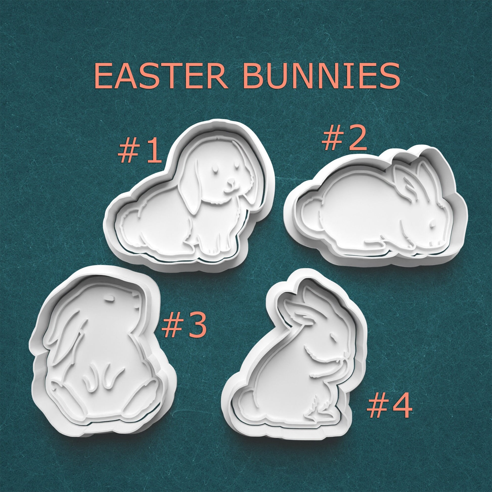 Four Easter bunny-shaped cookie cutters on a teal background with 'Easter Bunnies' text above.