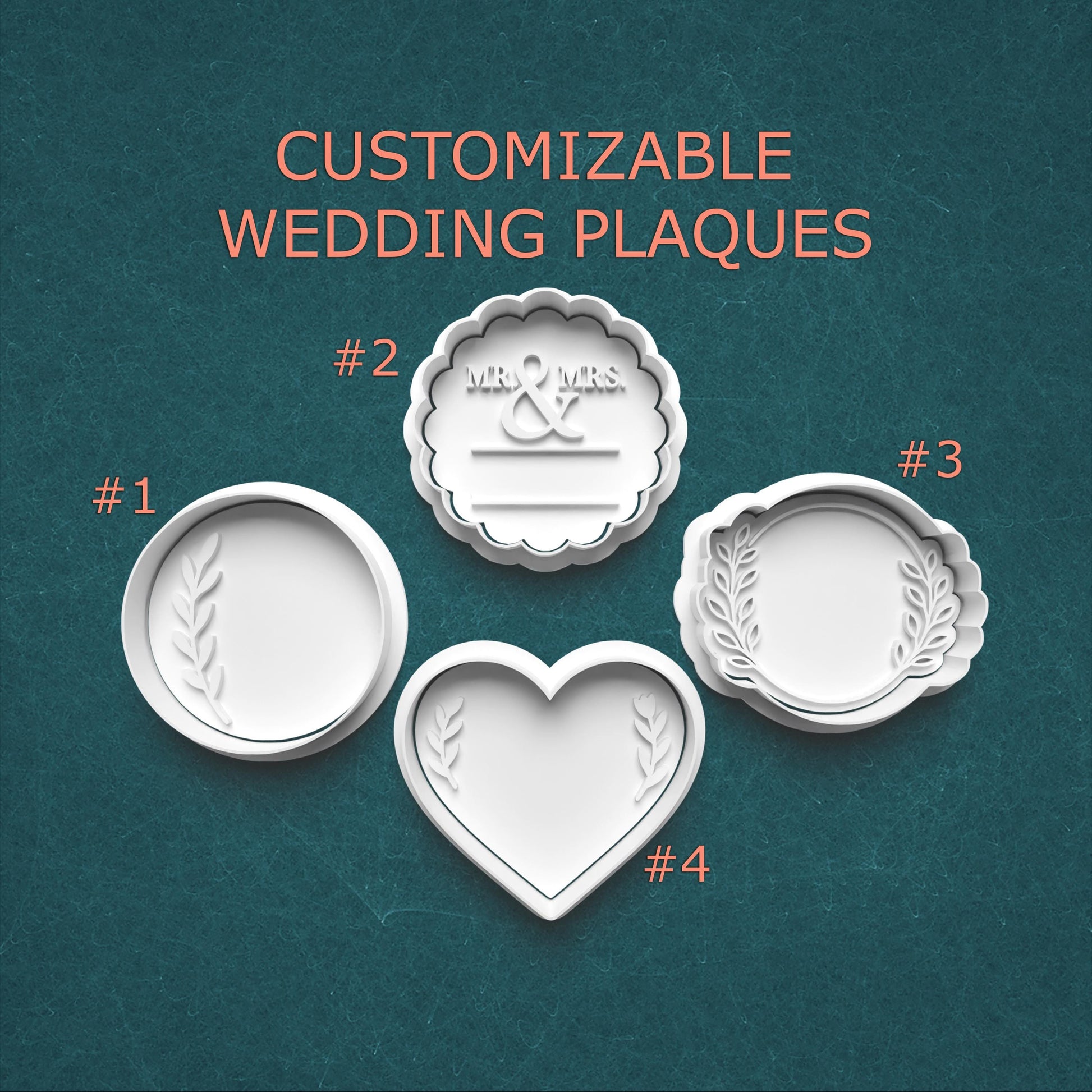 Four customizable wedding plaque designs on a teal background with text indicating 'Customizable Wedding Plaques'.