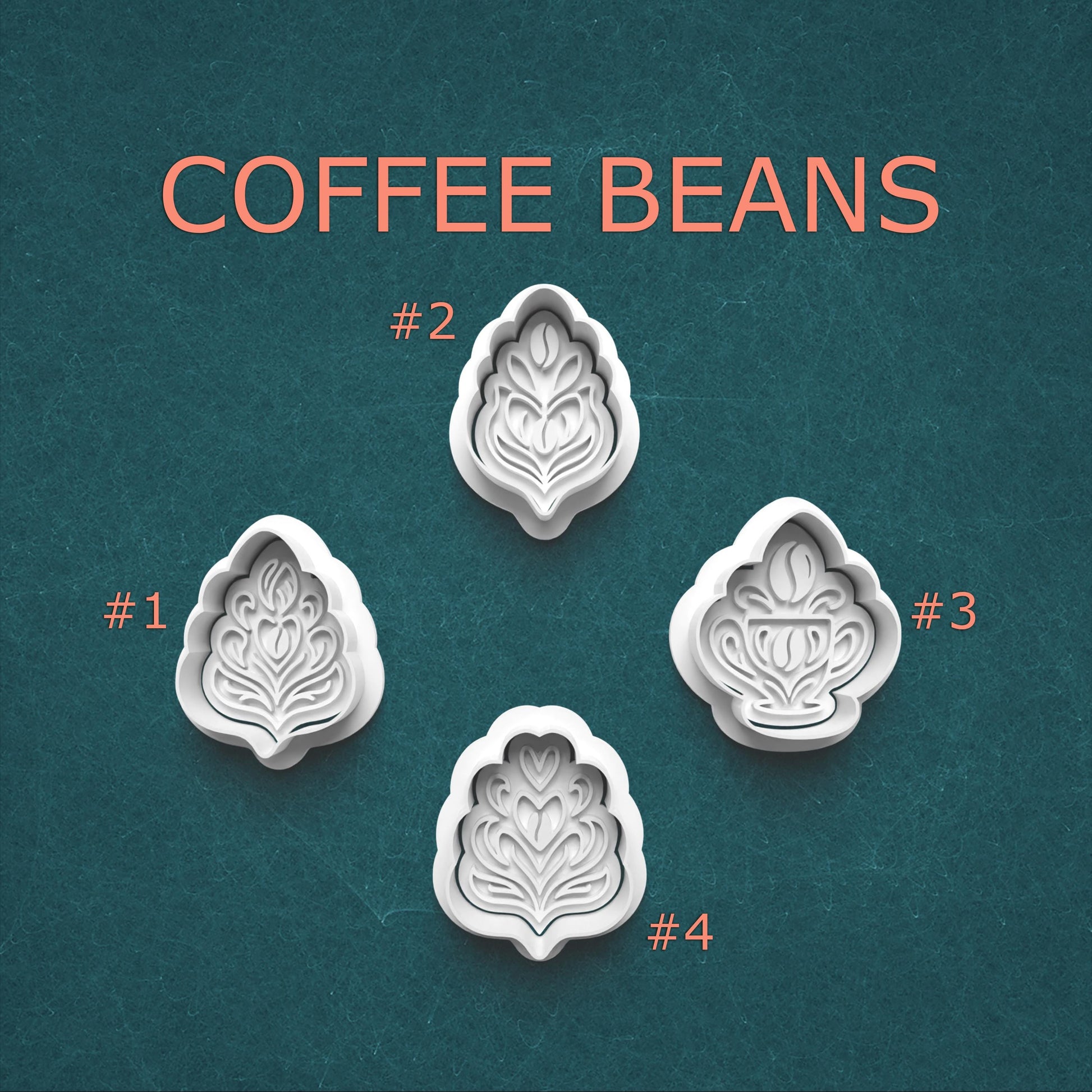 Four leaf-shaped cookie cutters on a teal background with 'COFFEE BEANS' text.