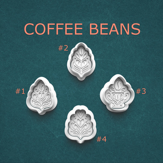 Four leaf-shaped cookie cutters on a teal background with 'COFFEE BEANS' text.
