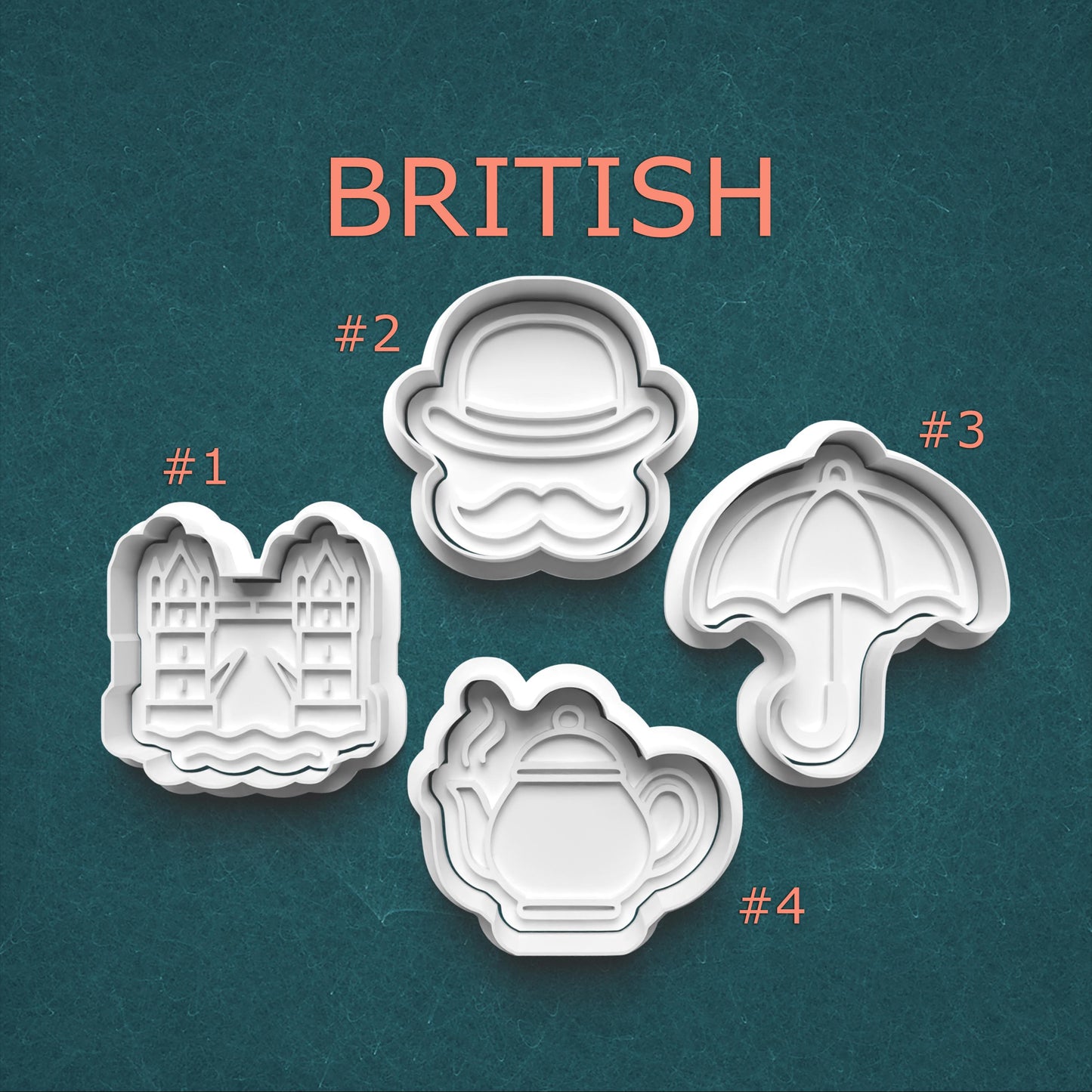 British Cookie Cutter and Stamp Set ~ Teapot ~ Umbrella ~ Tower Bridge ~ Gentleman