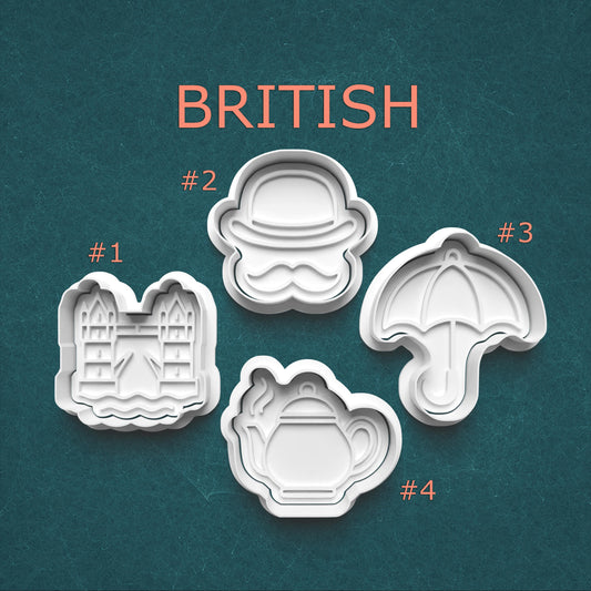 British Cookie Cutter and Stamp Set ~ Teapot ~ Umbrella ~ Tower Bridge ~ Gentleman