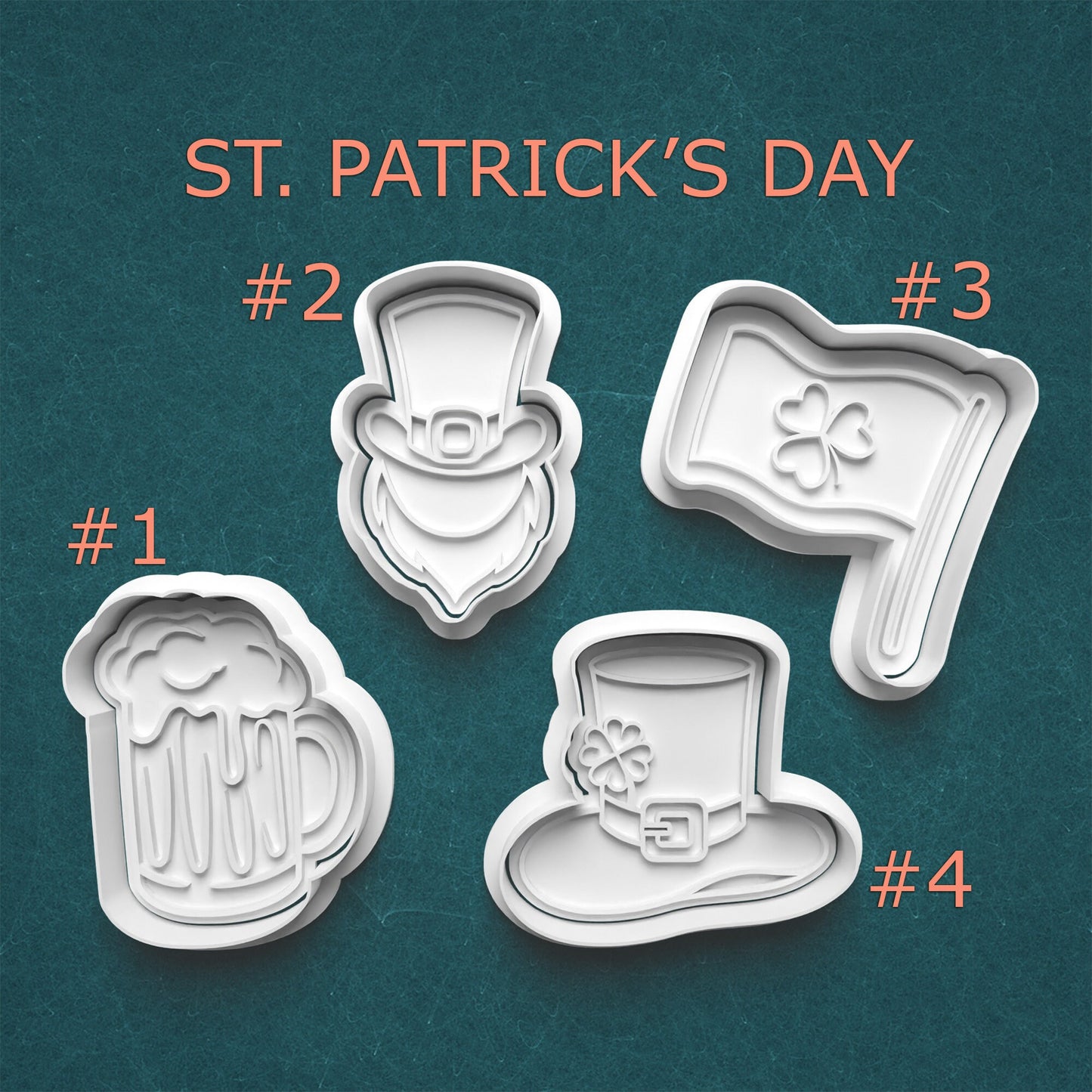 Set of St. Patrick's Day cookie cutters on a teal background