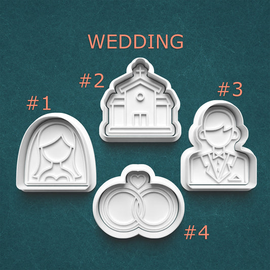 Wedding Cookie Cutter & Stamp Set – Bride, Groom, Chapel & Rings | 4 Styles Available
