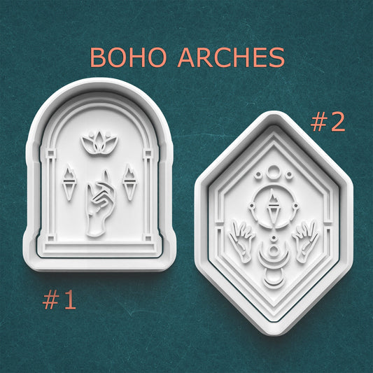 Two white arch-shaped cookie cutters labeled 'Boho Arches' on a teal background.