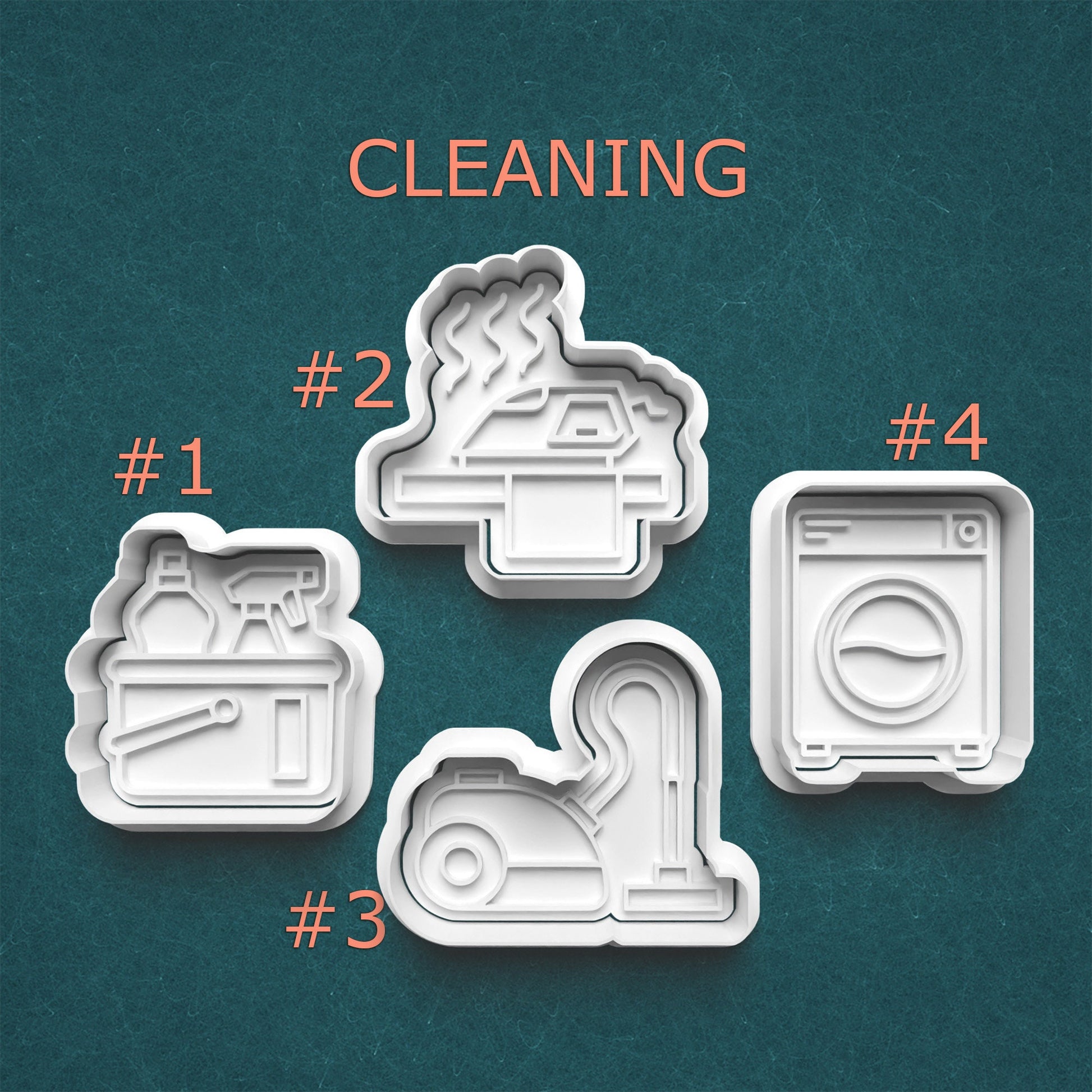 Four cleaning-themed cookie cutters on a teal background with 'CLEANING' text above.