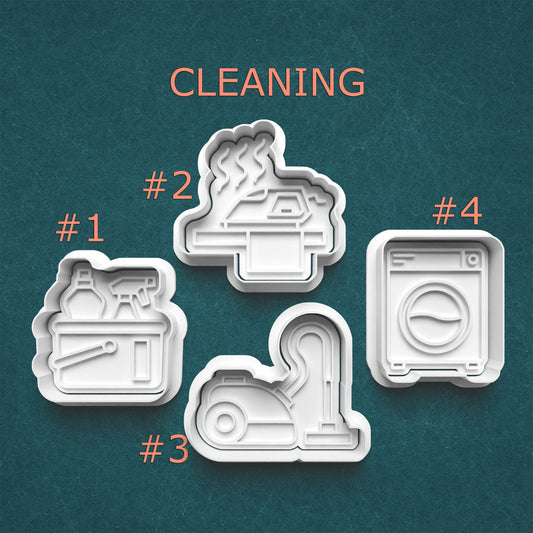 Four cleaning-themed cookie cutters on a teal background with 'CLEANING' text above.