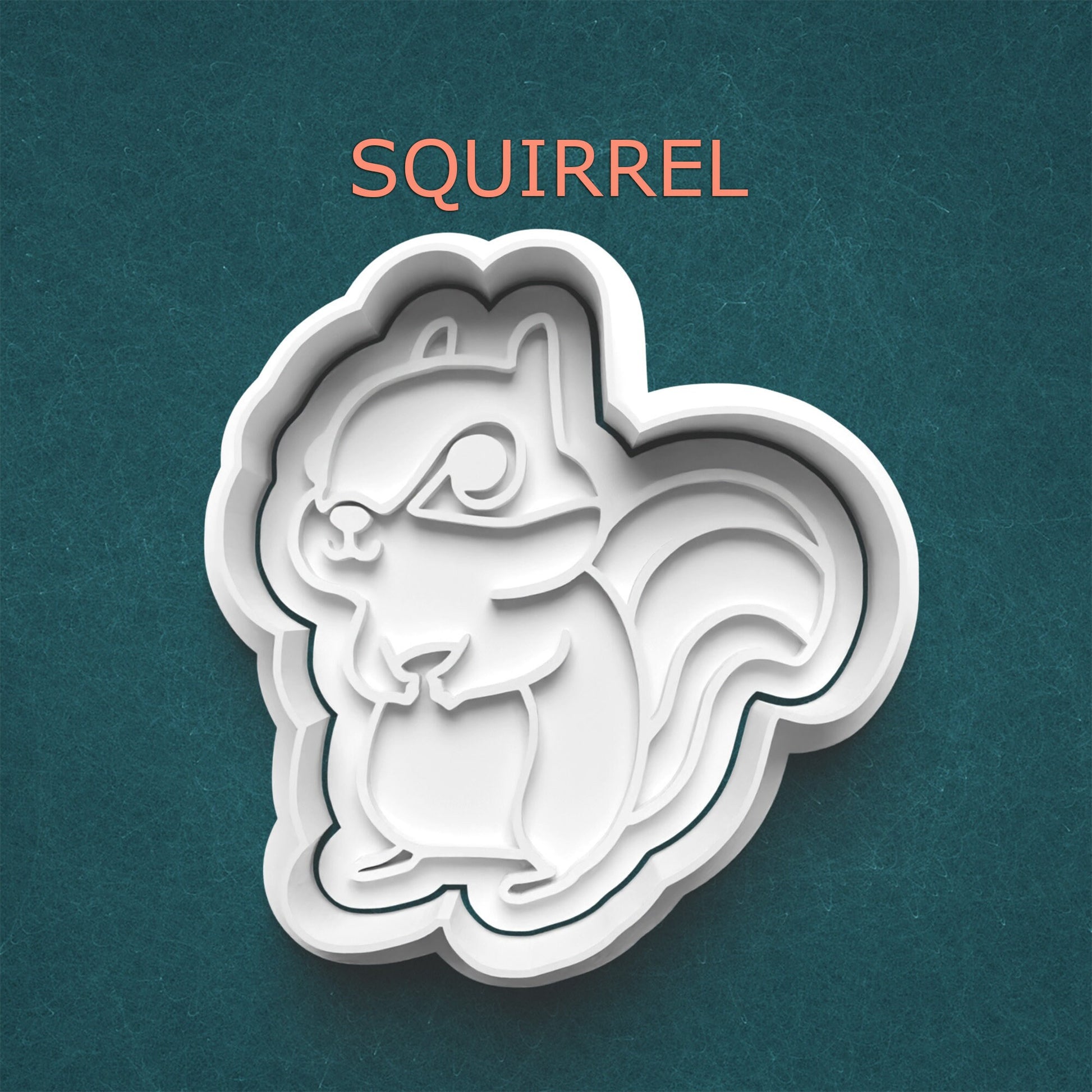 Squirrel-shaped cookie cutter on a teal background with 'SQUIRREL' text above.