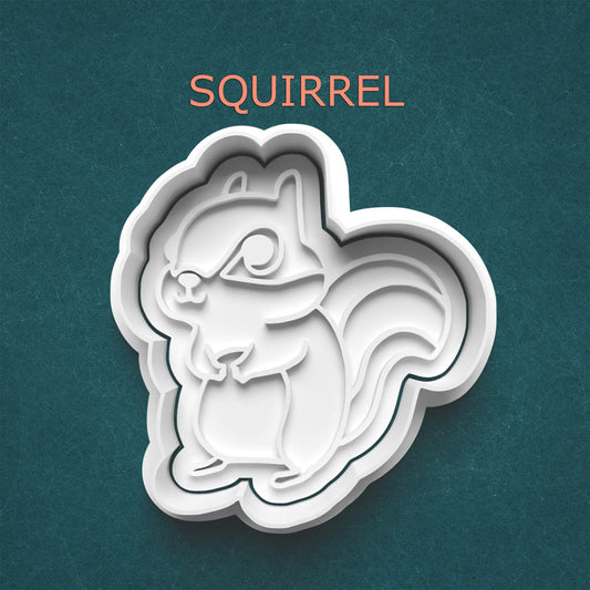 Squirrel-shaped cookie cutter on a teal background with 'SQUIRREL' text above.