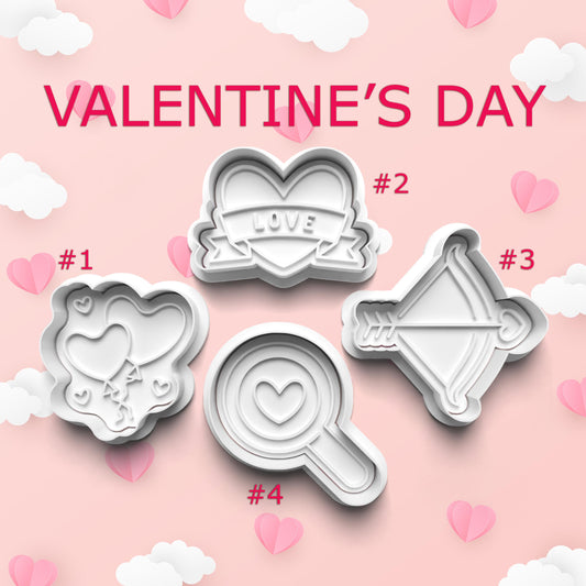 Set of Valentine's Day cookie cutters on a pink background with hearts and clouds.