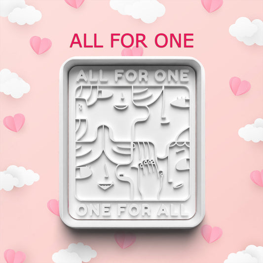 Decorative mold with 'All for One, One for All' text on a pink background with hearts and clouds.