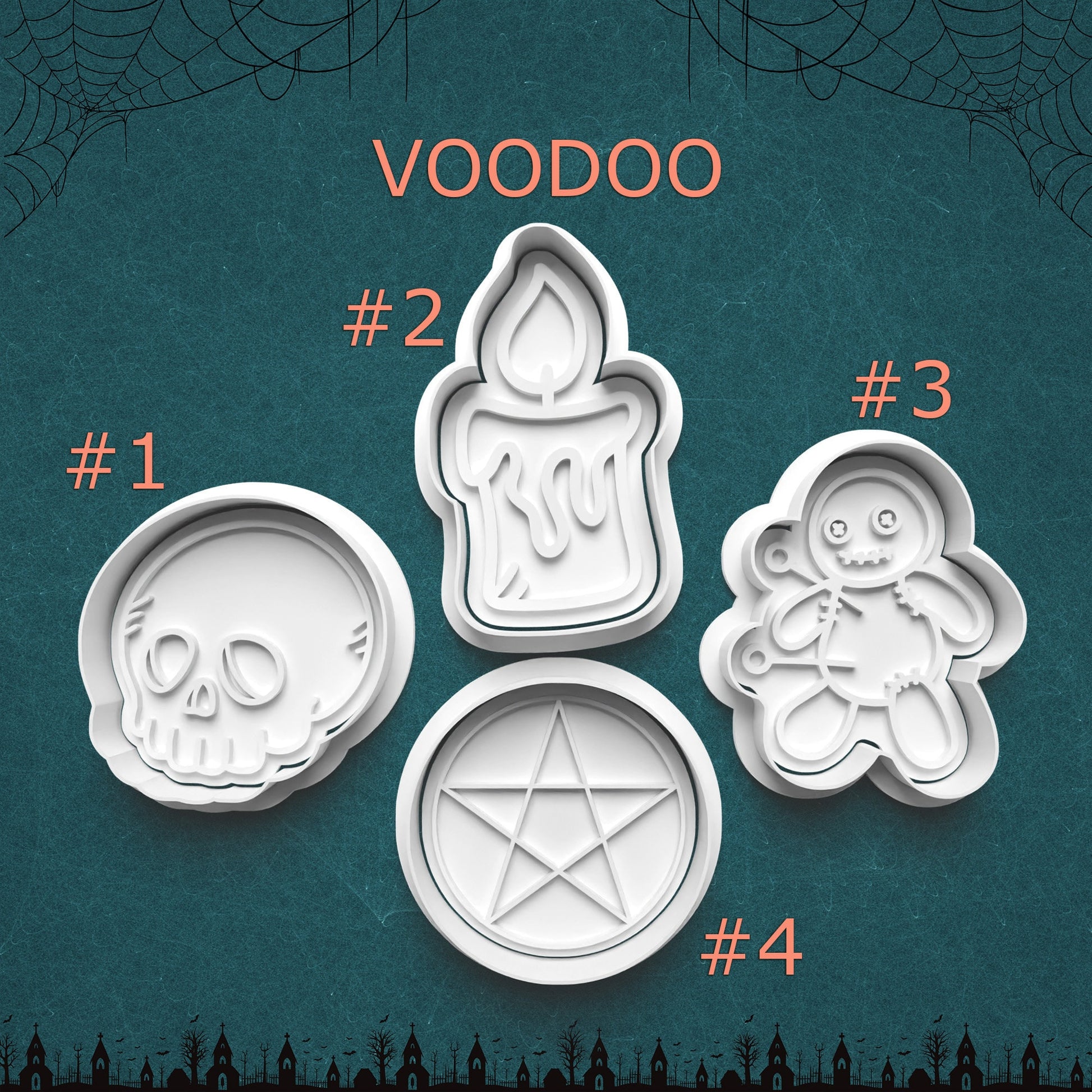 Set of four Voodoo-themed cookie cutters on a Halloween-themed background.