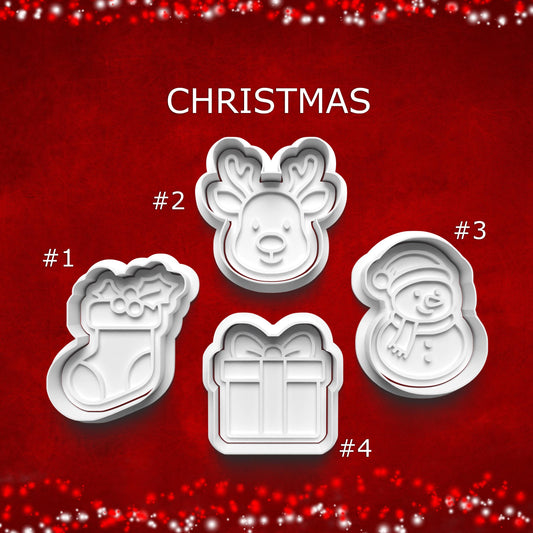 Set of Christmas-themed cookie cutters on a red background with 'Christmas' text.