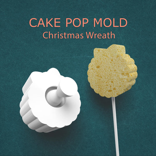 Cake pop mold shaped like a Christmas wreath on a green background