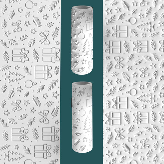 Decorative roll with embossed Christmas patterns on a white background